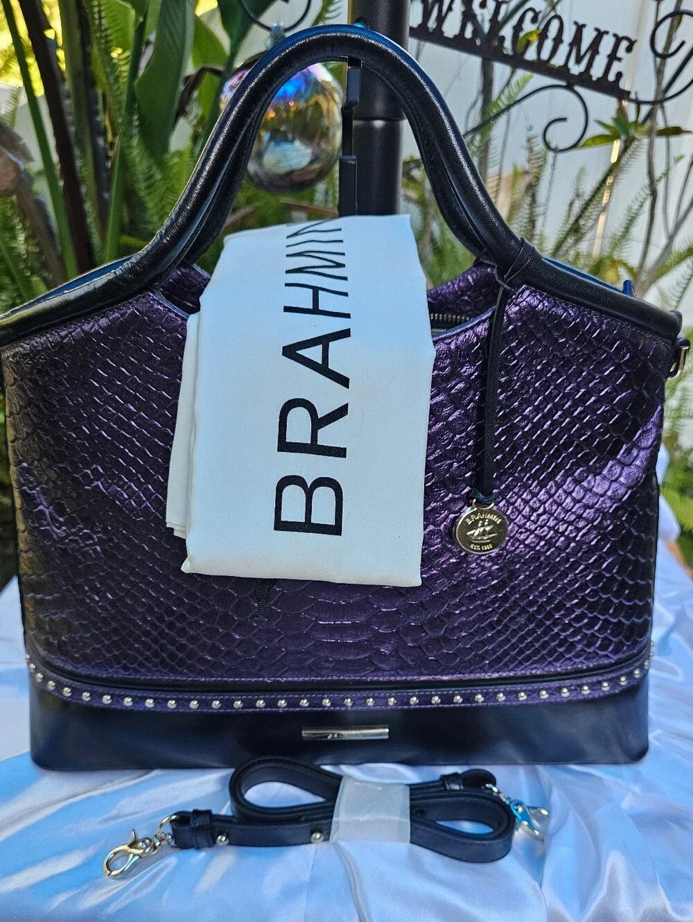 NWT Brahmin Elaine Ultraviolet Altair Snakeprint Embossed Leather Satchel